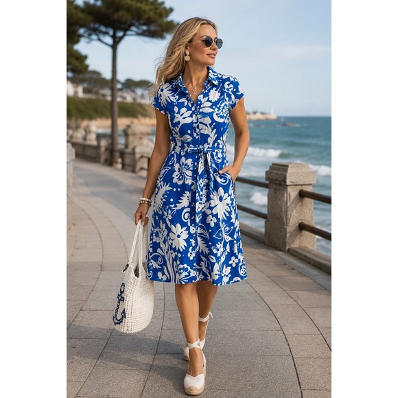 Boden Dresses & Skirts - Boden Womens 12R Blue White Floral Cotton Midi Shirt Dress Vacation Belted NWT